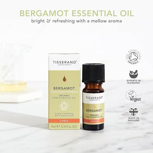 Tisserand Organic Pure Essential Oil - Diffuser Oil - Soothes Frustration and Mood Swings - Boosts Immunity, Clears Congested Skin - Bergamot - 0.3 oz