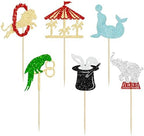 Ephlyn 24Pcs Circus Cupcake Toppers Glitter Circus Animals Cupcake Picks Elephant Lion Cake Decorations for Carnival Theme Baby Shower Birthday Party Favor Supplies