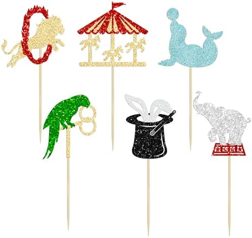 Ephlyn 24Pcs Circus Cupcake Toppers Glitter Circus Animals Cupcake Picks Elephant Lion Cake Decorations for Carnival Theme Baby Shower Birthday Party Favor Supplies