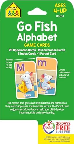 School Zone Go Fish Alphabet Game Cards: Preschool, Kindergarten, 1st Grade, ABC's, Matching, Uppercase and Lowercase Letters, Word-Picture Recognition, Animals, Ages 4+, Packaging May Vary