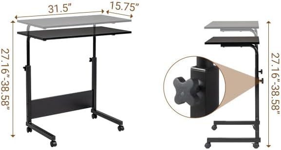 Karl home Mobile Side Table 31.5 inch Computer Desk with Wheels Height Adjustable Rolling Potable Laptop Cart, C-Shaped Bed Couch Sofa End Tables with Edge Stopper for Livingroom Bedroom, Black