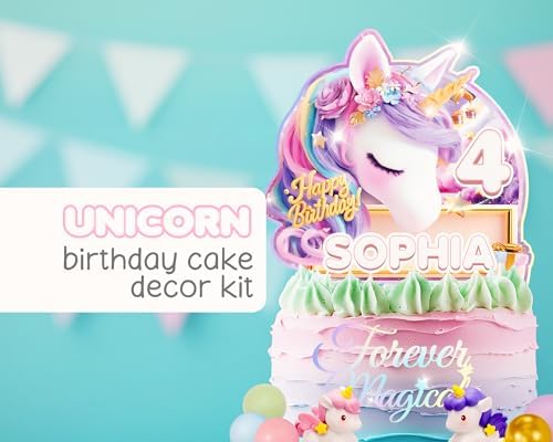 Unicorn Happy Birthday Cake Toppers for Girls 3D Glitter Layered Personalized Custom Name Age Pastel Pink Purple Gold Rainbow 1 2 3 4 5 6 Year Old Magical Forever DIY Decoration Decorating Kit
