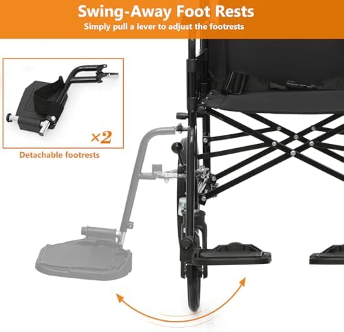 Wheelchair, Folding Transport Wheelchair with Swing-Away Foot Rest and Removable Flip Back Armrests, 18" Wide Seat for Adults Seniors Transfers, 300lbs, Black
