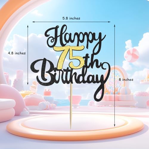 75th Happy Birthday Cake Topper, Glitter Happy 75th Birthday Cake Topper for Birthday Party Cake Decoration(Black with Gold)