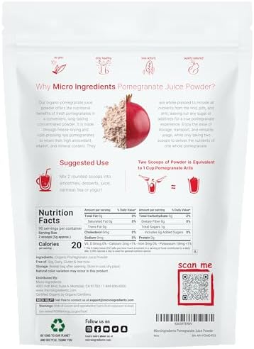 Organic Pomegranate Juice Powder, 1 Pound | 100% Natural Fruit Powder | Freeze Dried & Cold Pressed | No Sugar & Additives | Great Flavor for Drinks, Smoothie, & Beverages | Non-GMO & Vegan Friendly