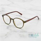 2SeeLife Small Round Reading Glasses for Men & Women – Narrow-Medium Fit, Sturdy Frame, Spring Hinges, Premium Retro Readers, Green Wood, +1.25