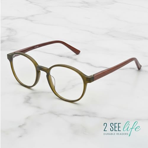 2SeeLife Small Round Reading Glasses for Men & Women – Narrow-Medium Fit, Sturdy Frame, Spring Hinges, Premium Retro Readers, Green Wood, +1.75