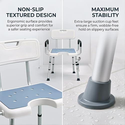 Shower Chair for Inside Shower with Arms and Back HSA/FSA Eligible, 400lbs Capacity Height Adjustable U-Shaped Seat for Seniors Elderly Easy Bathing, 4-in-1 Tool-Free Assembly