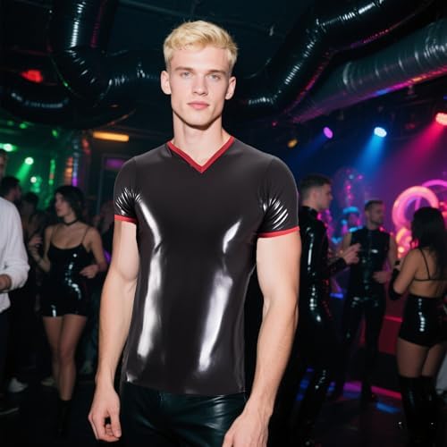 Men's Latex T-shirt Top,Latex Rubber V-neck Short Sleeved Handmade Costumes for Rave Party Theme Club