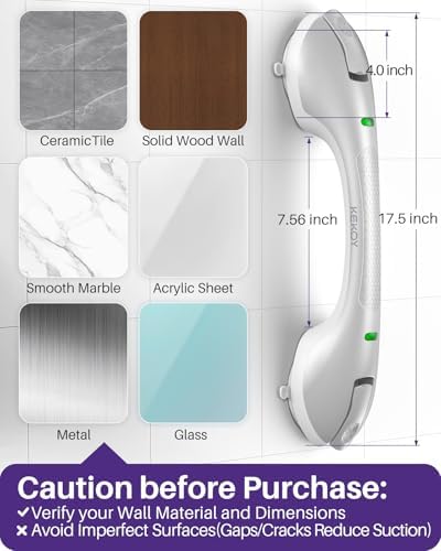 KEKOY 17.5 Inch Suction Grab Bars for Bathtubs & Showers with Indicator 2 Pack- Heavy Duty Safety Shower Handle for Seniors and Elderly, Handicap Bars for Bathroom, No Drilling, Silver