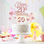 20th Birthday Cake Decorations, 20th Birthday Candles Cake Numeral Candles and Glitter Happy 20th Birthday Cake Toppers Set for Birthday Party Supplies (Rose Gold)