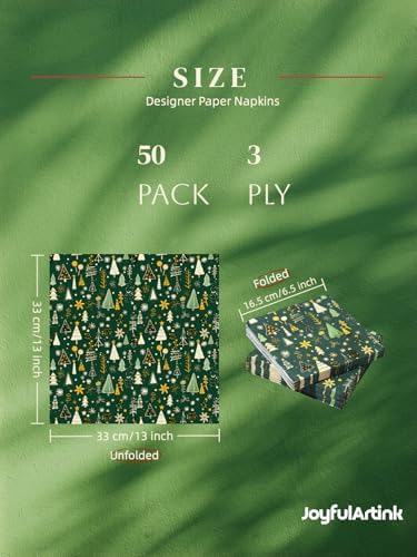Premium Designer Paper Napkins, 3-Ply 6.5 x 6.5-inches Fold Disposable Decorative Lunch Dinner Napkins (20, Festive Green, 6.5"x6.5", Luncheon Size)