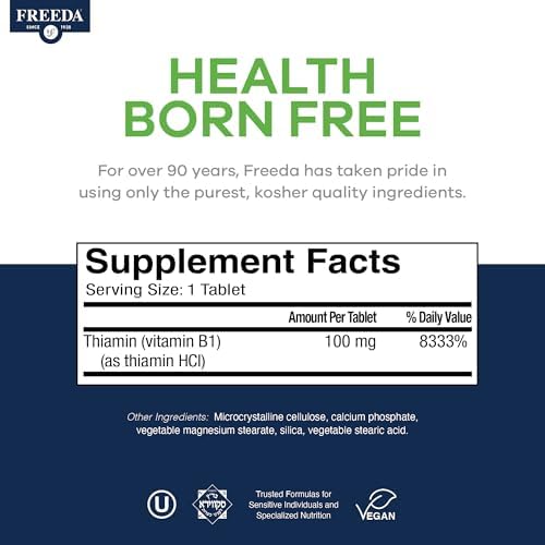 Freeda Vitamin B1 Thiamine 100mg - Supports Energy Metabolism, Nervous System Health - Kosher, Vegan, Gluten Free - Thiamin HCl 100 mg Vitamin B 1 - Pure Vit B1 Vitamin Thiamine B1 Supplement (100 Ct)