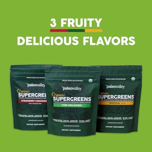 Paleovalley Organic Supergreens Powder - 23 Superfoods with Prebiotic Fiber for Energy and Immunity Support - No Cereal Grasses for Maximum Absorption - Pure Unflavored, 30 Servings