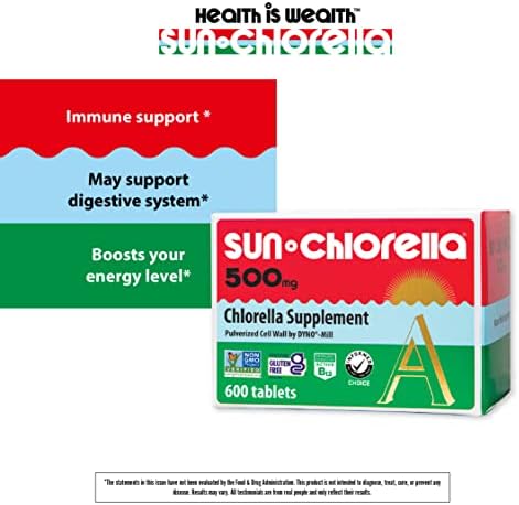Sun Chlorella 500mg Whole Body Wellness Green Algae Superfood Supplement - Immune Defense, Gut Health, Natural Purification, Energy Boost - Chlorophyll, B12, Iron, Protein - Non-GMO - 600 Tablets