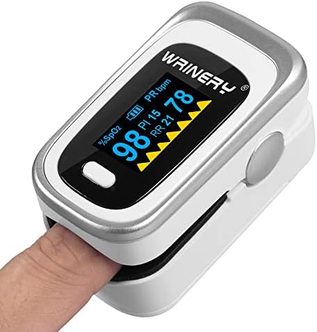 WRINERY Oxygen Saturation Monitor, Pulse Oximeter Fingertip, Oxygen Monitor, O2 Saturation Monitor, OLED Portable Oximetry with Batteries, Lanyard (Silver-White)