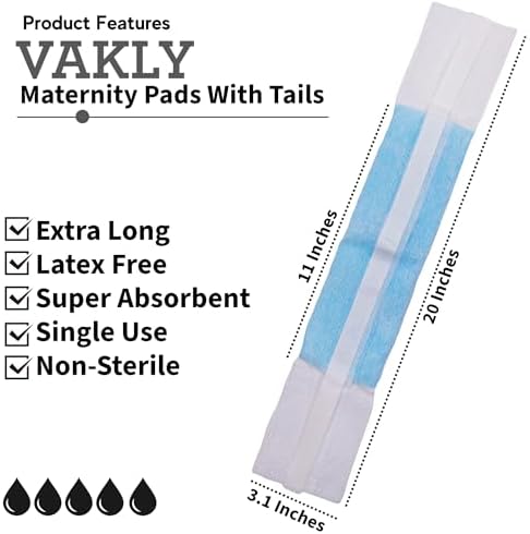 Vakly Postpartum Maternity Pads 3 x 20 in Extra Long (24 Pack) – Maximum Absorbency Heavy Flow Postpartum & Incontinence Pads with Tails, Ultra Soft Disposable Pads for New Moms