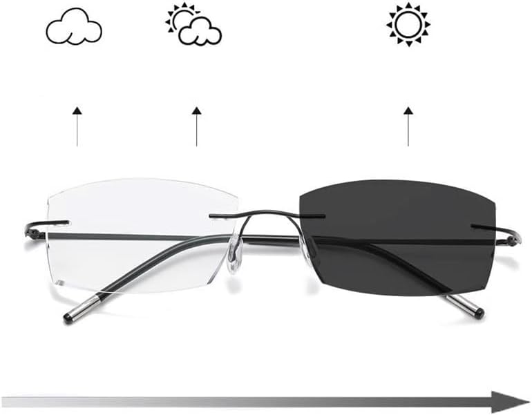 Photochromic Transition Reading Glasses Rimless Eyewear Anti UV Sunglasses Far and Near Dual Use HD Presbyopia Glasses (Color : Black, Size : +1.00)
