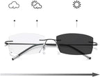 Photochromic Transition Reading Glasses Rimless Eyewear Anti UV Sunglasses Far and Near Dual Use HD Presbyopia Glasses (Color : Black, Size : +1.00)