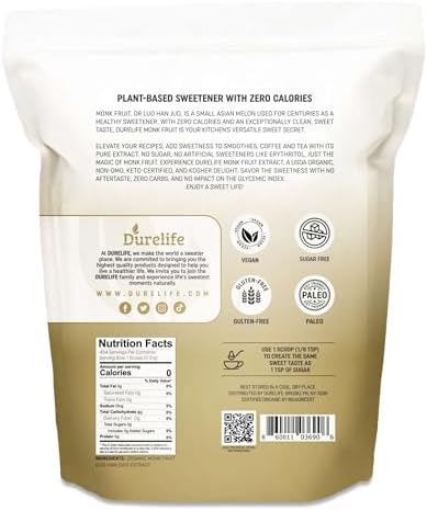 Durelife Organic 100% Pure Monk Fruit sweetener, No Erythritol, Monkfruit Extract Powder, USDA organic NON-GMO Project Verified, Keto Certified, OU kosher No Fillers Zero Calorie Sugar Substitute 5 OZ