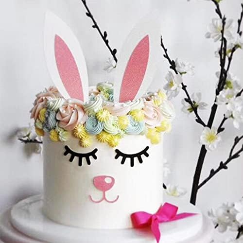 2 Pack Bunny Ears Cake Topper Decorations with Eyelashes Nose Ear, Cupcake Topper for Easter, Christmas, Birthday Party Decor