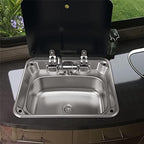 Outdoor Sink, Rv Sink Stainless Steel Hand Wash Basin Kitchen with Lid Glass Cold&Hot Faucet for RV Caravan Camper Boating Bar Spout Strainer Full set