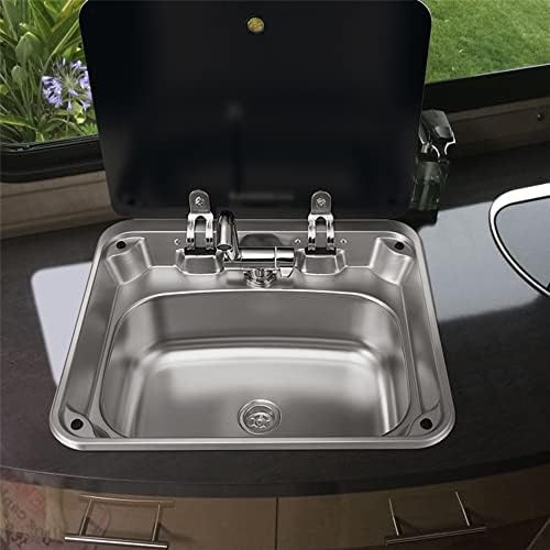 Outdoor Sink, Rv Sink Stainless Steel Hand Wash Basin Kitchen with Lid Glass Cold&Hot Faucet for RV Caravan Camper Boating Bar Spout Strainer Full set