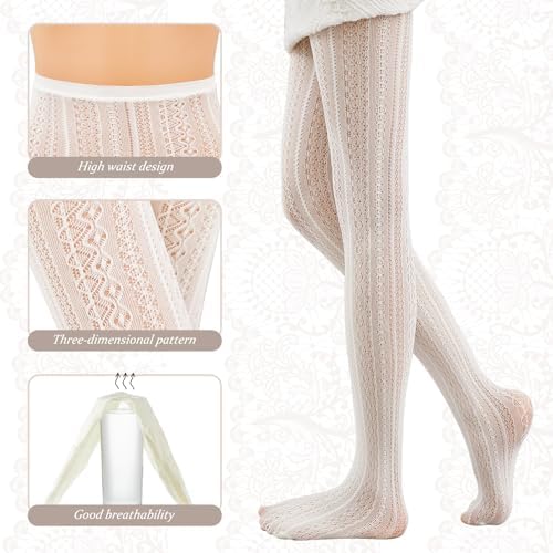 JaGely 1/2/3 Pair White Lace Tights for Women White Fishnet Hollow out Knitted Tights Lolita Stockings Lace Strips Pantyhose