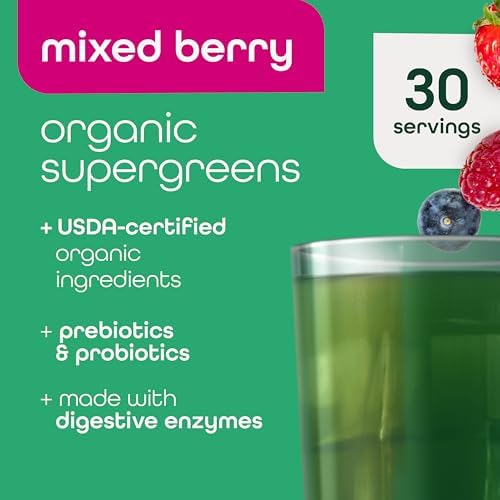 Zena Nutrition Organic Super Greens Powder, 70+ Superfoods, 0 Sugar, 3G Fiber, Spirulina, Chlorella, Antioxidants, Prebiotics/Probiotics, Digestive Enzymes, Mixed Berry, 30 Servings