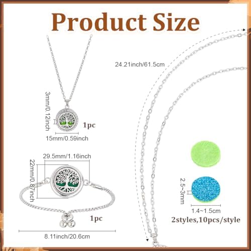 PH PandaHall 2pcs Essential Oil Diffuser Bracelet Necklace Set Tree of Life Stainless Steel Necklace Adjustable Aromatherapy Locket Jewelry with 20pcs Refill Pads for Valentine's Day Women Gift Mom