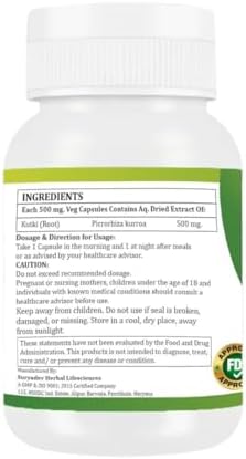 Morsan Healthcare's Kutki (Picrorhiza Kurroa) Capsules, Pack of 60 x 500 mg. Veg. Capsules | Containing Pure and Natural Herbs