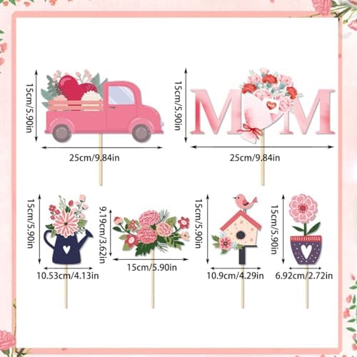 20 Pcs Mother's Day Heart Floral Picks Pink Mom Flowers Cake Toppers Signs Sticks Bouquet Tabletop Centerpiece Decoration for Home Vase Filler Mom Birthday DIY Photo Prop Party Supplies