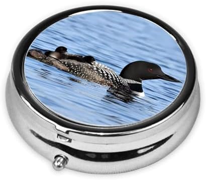 Loon Birds Printed Round Travel Pill Box Cute Small Metal Pocket Pill Case for Men & Women 3 Compartment Portable Pill Organizer for Purse or Pocket