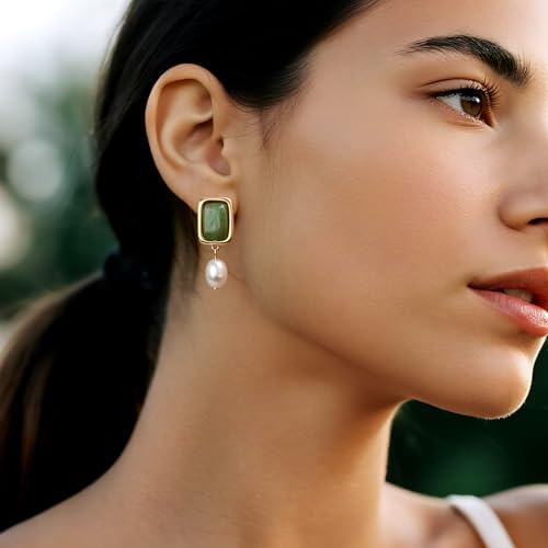 Sonateomber Gold Chunky Green Dangle Drop Earrings for Women,Dainty Pearl Statement Square Aventurine Natural Gemstone Healing Dangling Earings Prom Wedding Accessories Fashion Jewelry Gift