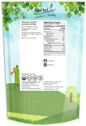 Food to Live Organic Puffed Quinoa, 6 Ounces – Crispy White Quinoa Pop. Non-GMO, Vegan, Kosher, Bulk. Perfect for Breakfast Cereal, Baking, Salads, and Snacks