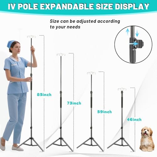 IV Poles,46to 85In IV Stand Floor with 4 IV Bag Holder Stand Portable Telescopic Stabilizing Tripod Stainless Steels Pipe Extension Pole IV Influsion Pole Lightweight Strudy (46-86in)