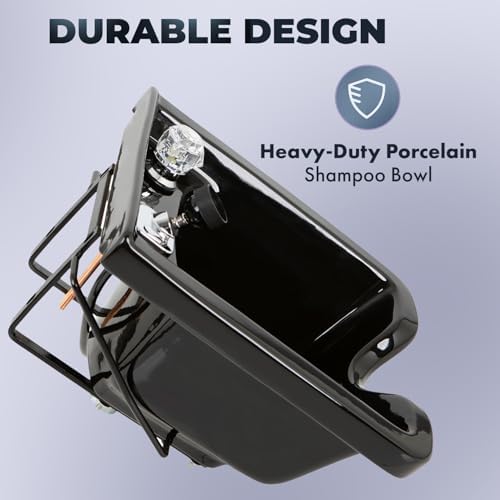 Pibbs Heavy-Duty Black Porcelain Shampoo Bowl for Professional Salons, Single-Handle Faucet, Spray Hose & Hardware. Wall-mounted design, PIB-5300