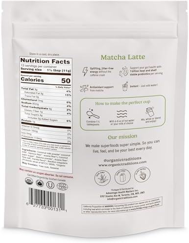 Organic Traditions Matcha Latte Powder, Japanese Matcha Green Tea With Coconut Milk, Naturally Occurring Caffeine And L Theanine, Lightly Sweetened Instant Latte Drink With Probiotics, 150g / 5.3oz