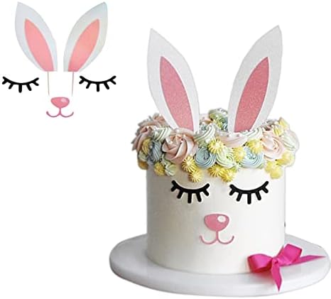 Easter Bunny Ears Cake Topper Decorations with Eyelashes Nose Picks for Easter Rabbit Theme, Birthday, Wedding, Baby Shower, Spring Easter Party Decor Supplies