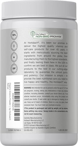 Horbäach Organic Greens Powder | 5.29 oz Supplement | with 20+ Superfoods, 18 Digestive Enzymes, and Prebiotics | Relieves Occasional Gas, Discomfort & Bloating | Vegan, and Non-GMO