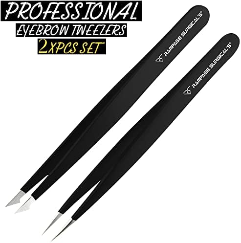 Professional Tweezers Pointed & Slanted for Eyebrow Stainless Steel 2, Pcs Set, Pointed Slant Tip Tweezers for Facial Hair, Plucking Removing Ingrown Hairs, Tweezer for Women Men (Black)