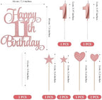 11th Birthday Cake Decorations, 11th Birthday Candles Cake Numeral Candles and Glitter Happy 11th Birthday Cake Toppers Set for Birthday Party Supplies (Rose Gold)