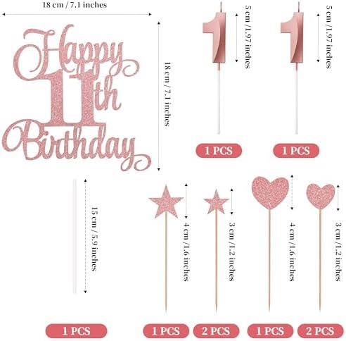 11th Birthday Cake Decorations, 11th Birthday Candles Cake Numeral Candles and Glitter Happy 11th Birthday Cake Toppers Set for Birthday Party Supplies (Rose Gold)