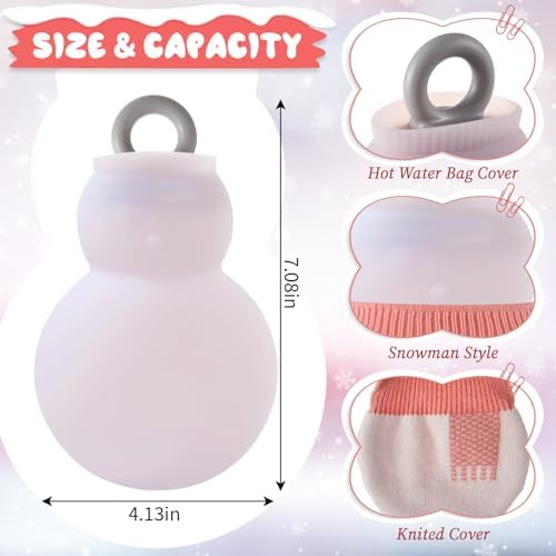 Amylove 2 Pcs 320 ml Mini Hot Water Bottle with Removable Knitted Cover, Winter Snowman Small Hot Water Bag Microwave Heating Soft Silicone Leak Proof for Pain Relief Women Valentine's Day Gifts