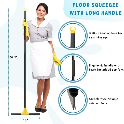 Squeegee Broom for Floor, 18'' Heavy Duty Rubber Wiper with 60'' Long Handle for Bathroom Tile, Garage Concrete, Deck, Shower Glass, Window Cleaning