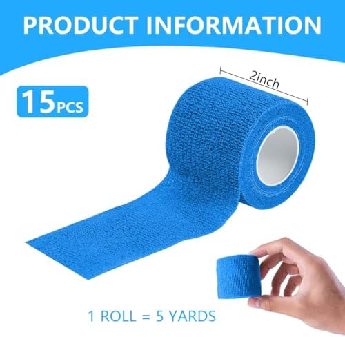 15 Pack 2 Inch x 5 Yards Blue Self Adhesive Bandage Breathable Cohesive Bandage Wrap Rolls Elastic Self-Adherent Tape for Stretch Athletic, Sports, Wrist, Ankle