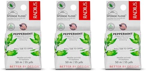 Radius Dental Floss, Sponge Floss, Peppermint, 55 Yards, Vegan & Non-Toxic Oral Care Designed to Help Fight Plaque, Pack of 3
