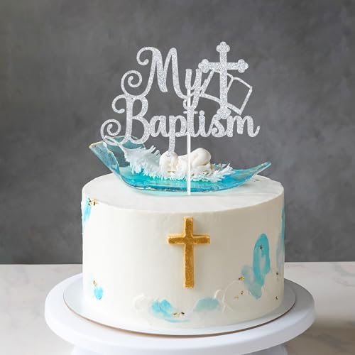 Goilpanitdia My Baptism Cake Topper, First Holy Communion, Mi Bautizo, Religious God Bless Baptism, Baby Shower, Baby 1st Birthday Party Decorations Supplies, Silver Glitter