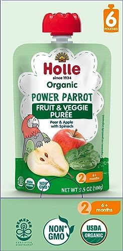 Holle Organic Power Parrot Fruit & Veggie Puree Pouches, Pear Apple Spinach, 12 Count (3.5 oz Pouches)