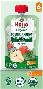 Holle Organic Baby Food Pouches - Power Parrot Baby Puree with Pear, Apple & Spinach - (6 Pack) Organic Baby Snacks + Fruit and Veggie Pouches for Weaning Babies 6 Months and Older
